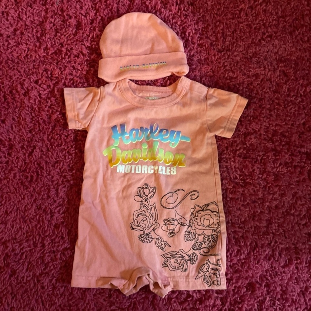 Girls Harley-Davidson Baby Romper and Hat Set Size 3/6 Months